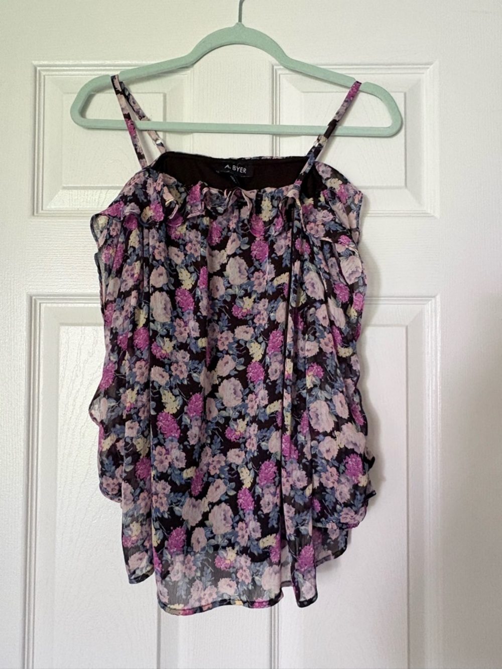 A. Byer Floral Cold Shoulder Top Size M Sheer Ruffle Boho Blouse